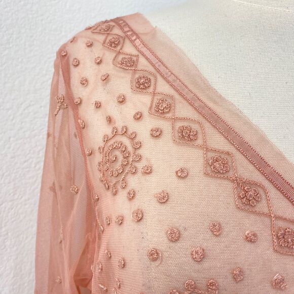 Betty Barclay Pink Sheer Blouse Large Mesh Embroidery Long Sleeves Whimsy Fairy - Picture 3 of 9